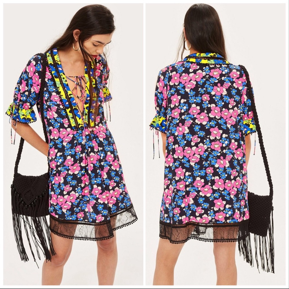 🆕 Topshop Floral Print Lace-Up Shift Dress - 10